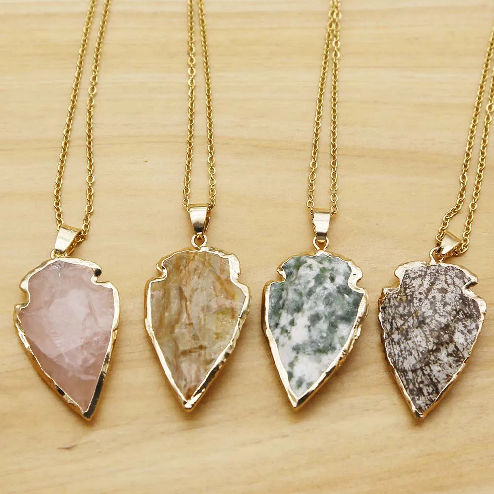 Natural Agate Obsidian Crystal Raw Ore Legedge Leaf Shaped Pendant Colorful Shield Arrow Necklace DIY Accessories Wholesale 4Pcs