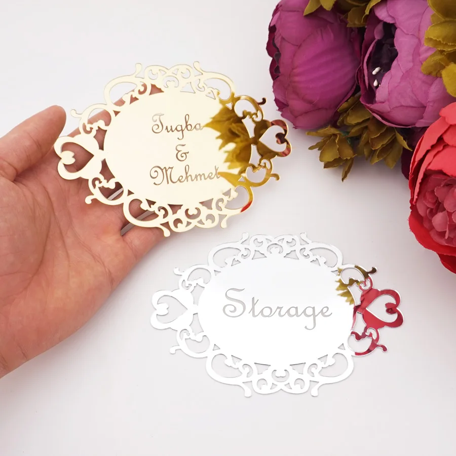 Personalized Wedding Name Signs Oval Acrylic Cards Custom Groom & Bride Sign Gold Silver Mirror Party Favor DIY Table Decor