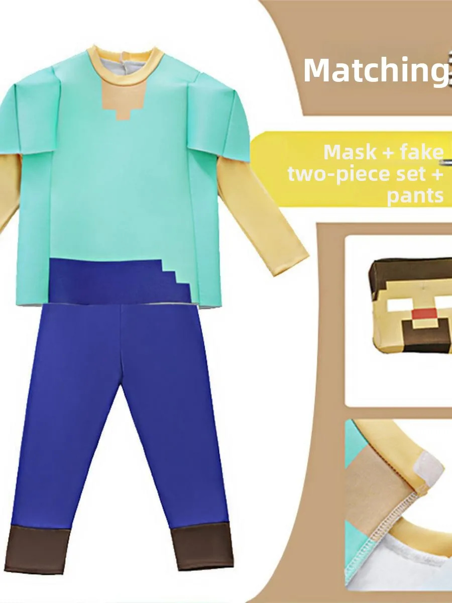أزياء الهالوين التأثيرية للأطفال من Minecrt Steve Performance Par Wear مادة البوليستر الأصلية العرقية
