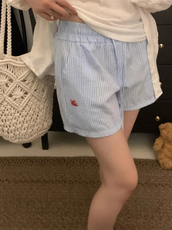 Calças curtas tradas de cintura alta e pernas largas para mulheres, estilo novo de verão 2025, calças esportivas casuais e...