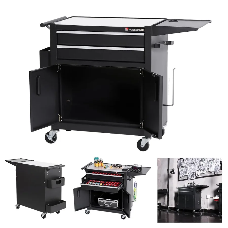 

Tattoo Cart TZ12W in Black Steel for Professional Tattoo Artists Durable Mobile Workstation with Multiple Storage Compartments