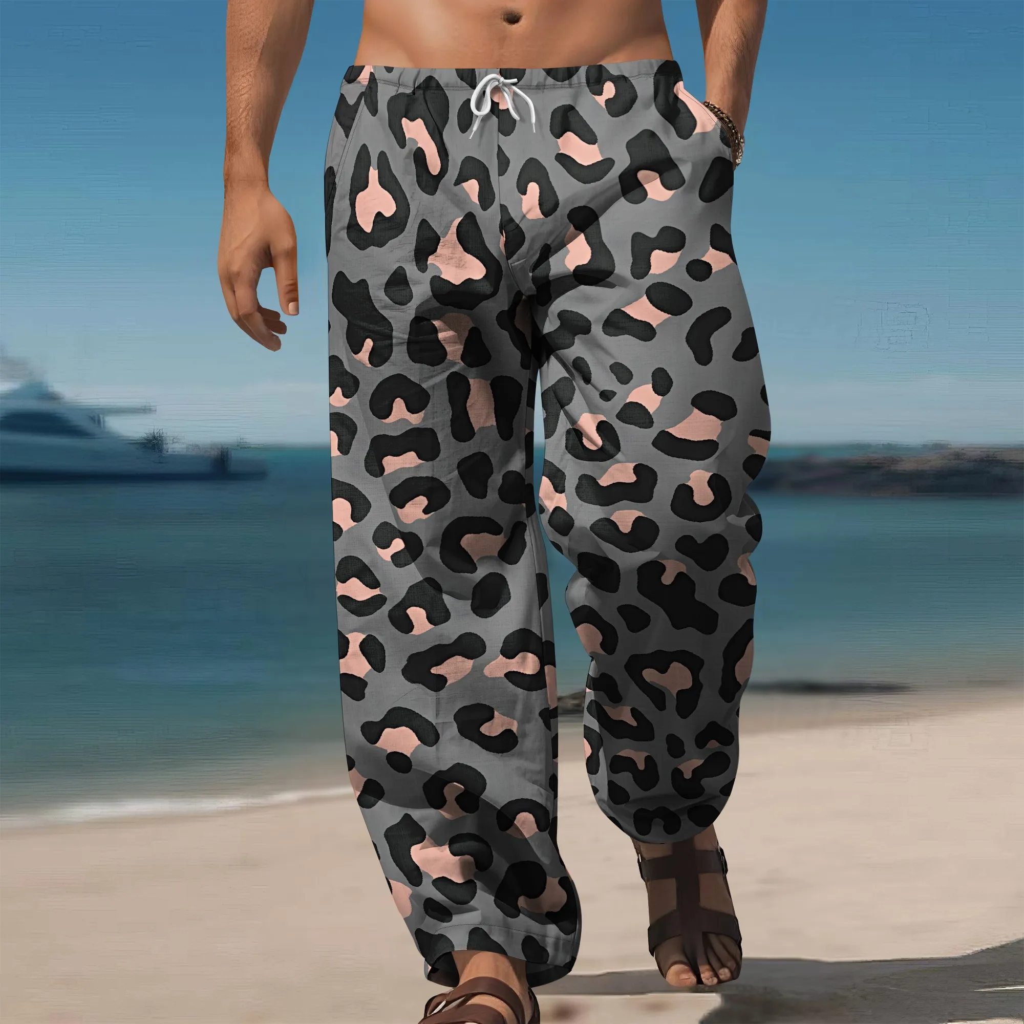 

YEAE Gray Leopard Print Pants for Men Summer Casual Loose Drawstring Trousers