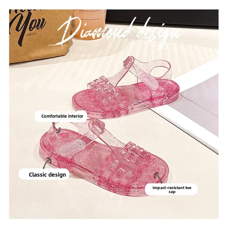 2026 Neue Mädchen Glitzer-Jelly-PVC-Sandalen für Kleinkinder mit Schnallenverschluss, Retro-Geflecht und Cut-Outs, Sommer-Strandschuhe – Detail 5