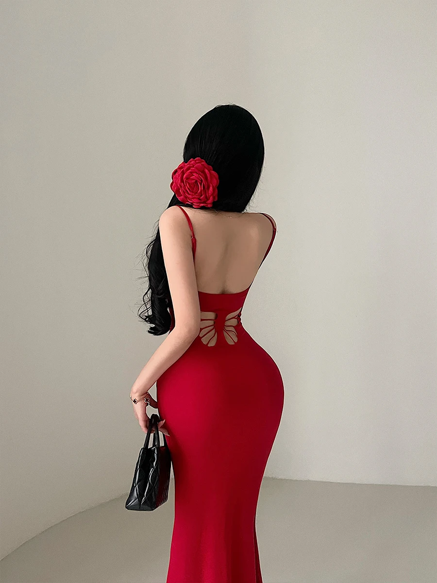 Pure Desire Sexy Backless Butterfly Hollow Fishtail Dress Elegant Long Dress Chest Pads Hot Sexy Women Dresses Tops F050