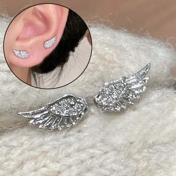 2pcs Zircon Wing Stud Earrings for Women Luxury Shiny Crystal Creative Angel Wings Cross Silver Color Ear Studs Jewelry Gifts