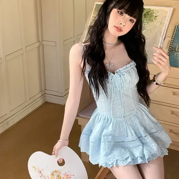 Women Sexy Blue Lace Dress Sleeveless Flared Skirt Chic Fashion Sweet Elegant Dress Perfect for Summer Casual Wear 2025 New