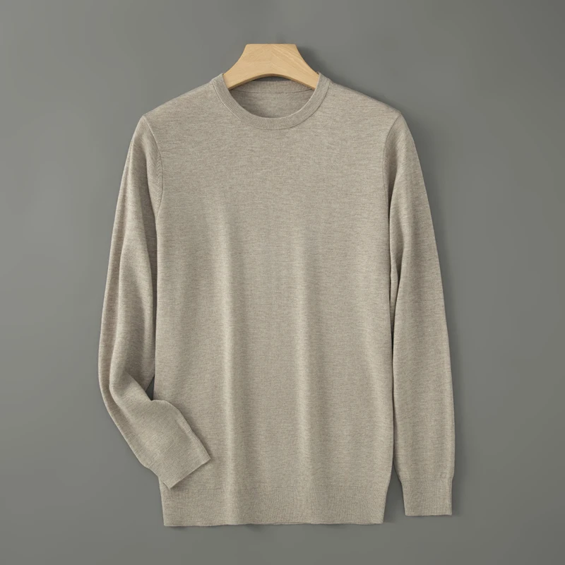 Autumn and winter new high-end thin luxury 100% pure wool solid color men's round neck sweater knitted bottoming shirt