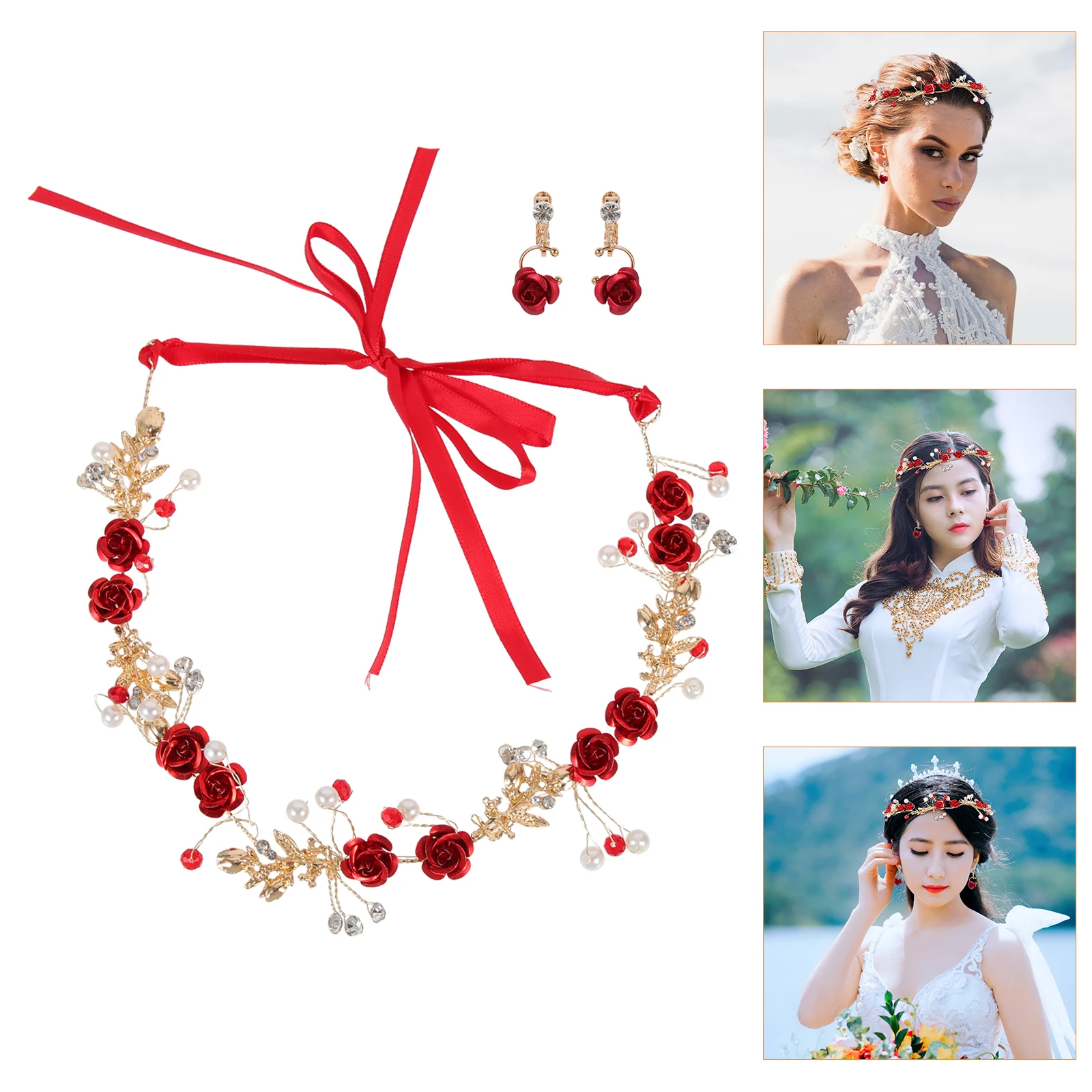 

1 Set Bridal Headband With Earrings Wedding Flower Headdress Elegant Hair Accessories Floral Jewelry Set For Women Party Cosplay