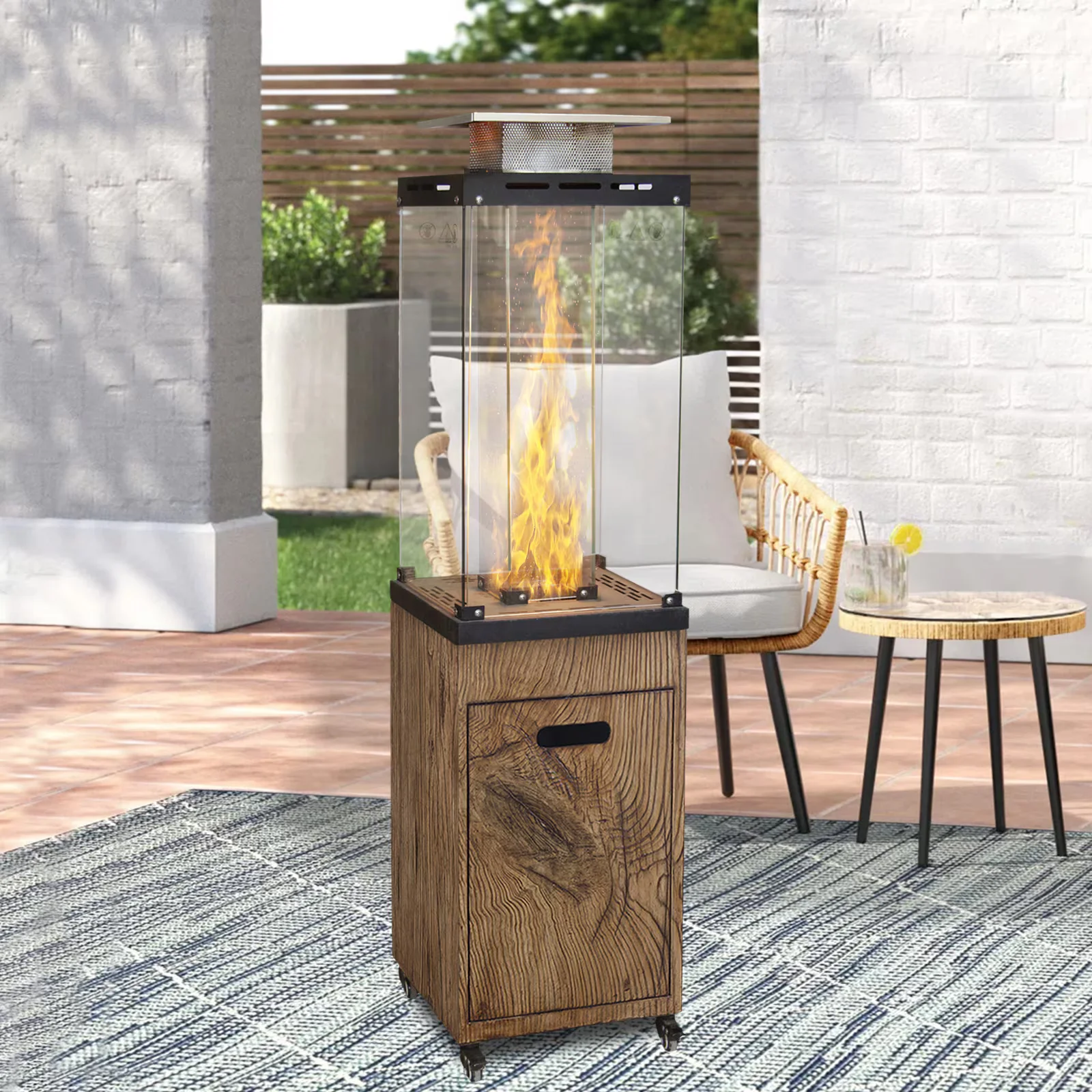 New Faux Woodgrain Tempered Glass Outdoor Propane Gas Fire Heater – Stylish & Durable for Patios, Gardens & Outdoor Spaces