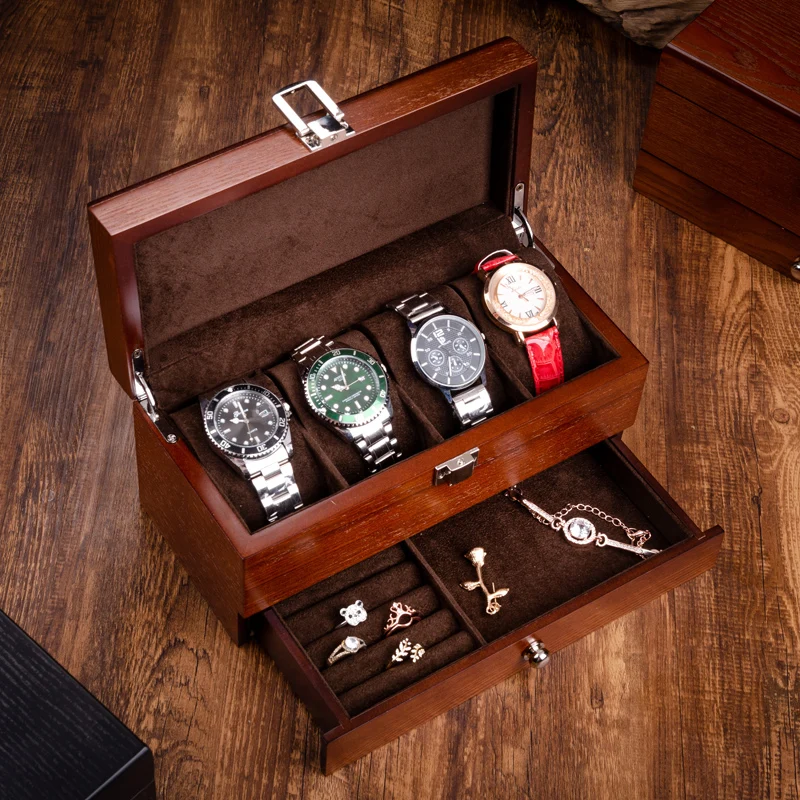 Wooden Watch Box Organizer Case Double Layer Brown Men\'s Watch Jewelry Storage Box Display Ring Necklace Bracelet Gift Boxes