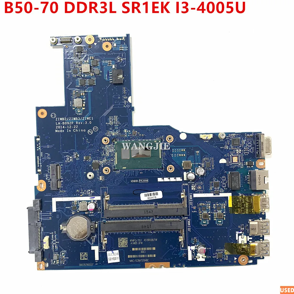 

5B20H75054 For Lenovo IdeaPad B50-70 Laptop Motherboard DDR3L SR1EK I3-4005U CPU ZIWB2 ZIWB3 ZIWE1 LA-B092P