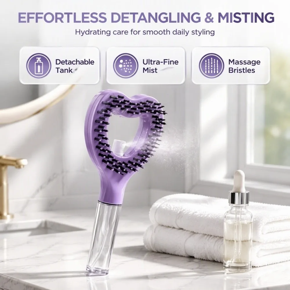 2-in-1 Heart-shaped Spray Hair Comb Fine Mist Spray Design Multi-Function Salon Styling Brush Scalp Nourish Lightweight