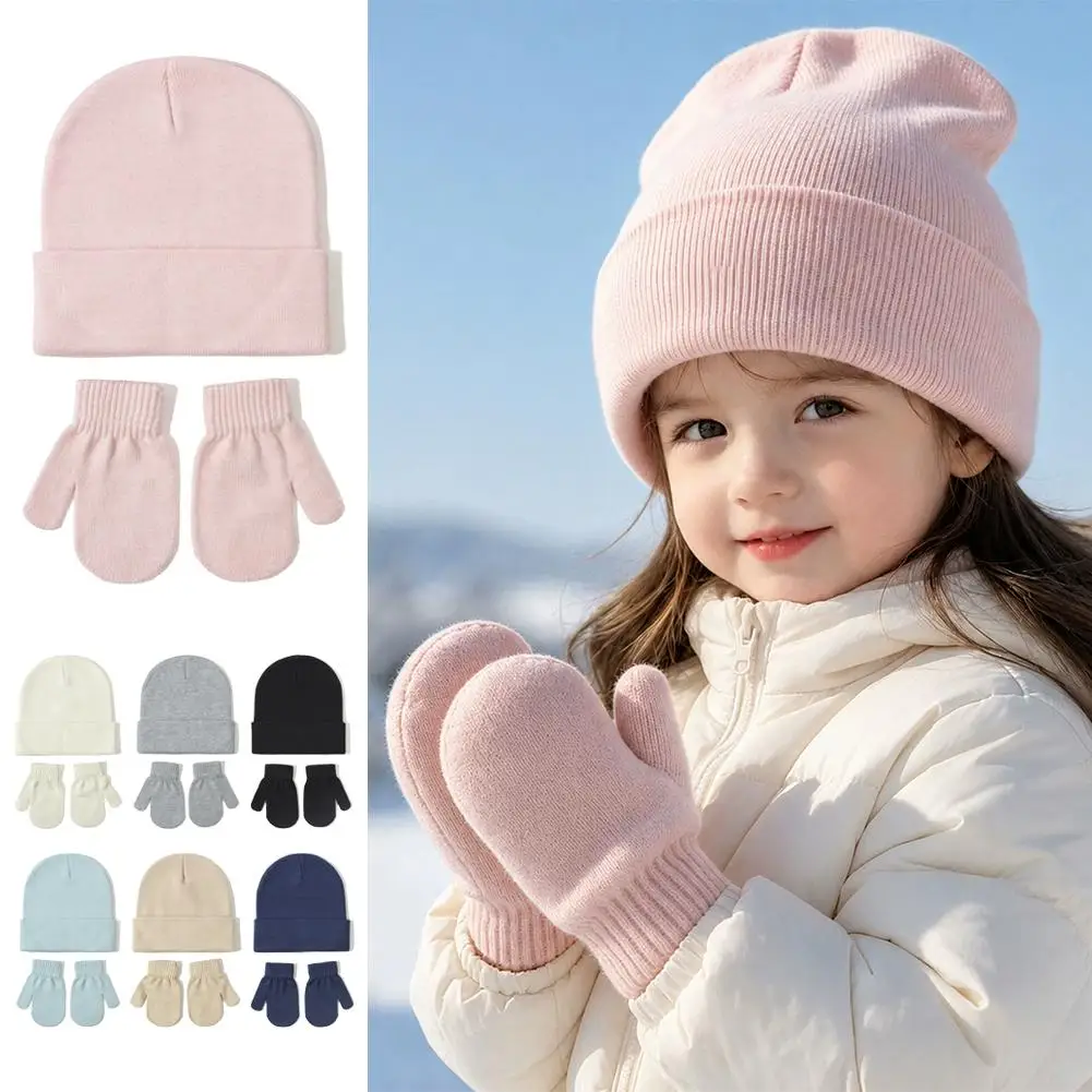Kids Knit Hat and Gloves Set For 2-5 Years Double Layer Windproof Warm Beanie Stretchy Rib Cuff Itch Free Toddler Winter Outdoor