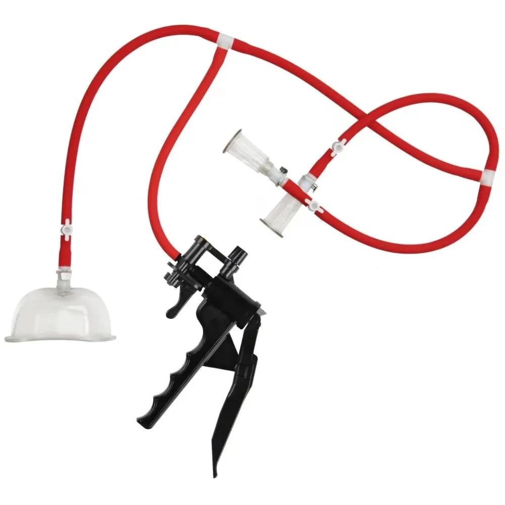 Female wearing three head high-end erotic suction cup, vaginal breast vacuum tube massage BDSM