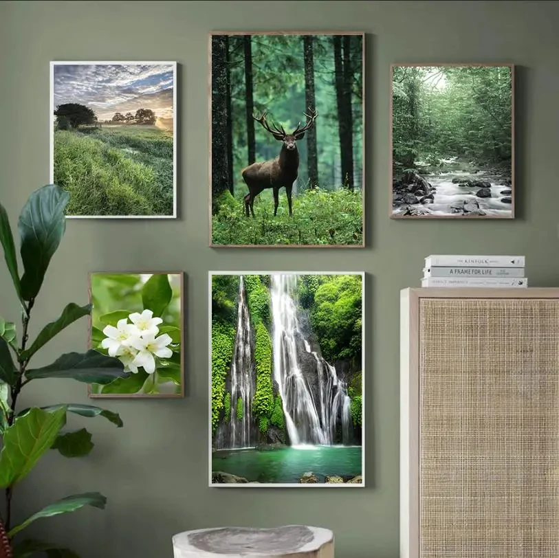 Green Forest Canvas Poster Wild Deer Waterfall Stream Flower Leaf Spring Nature Landscape Picture Art Canvas Painting Bedroom