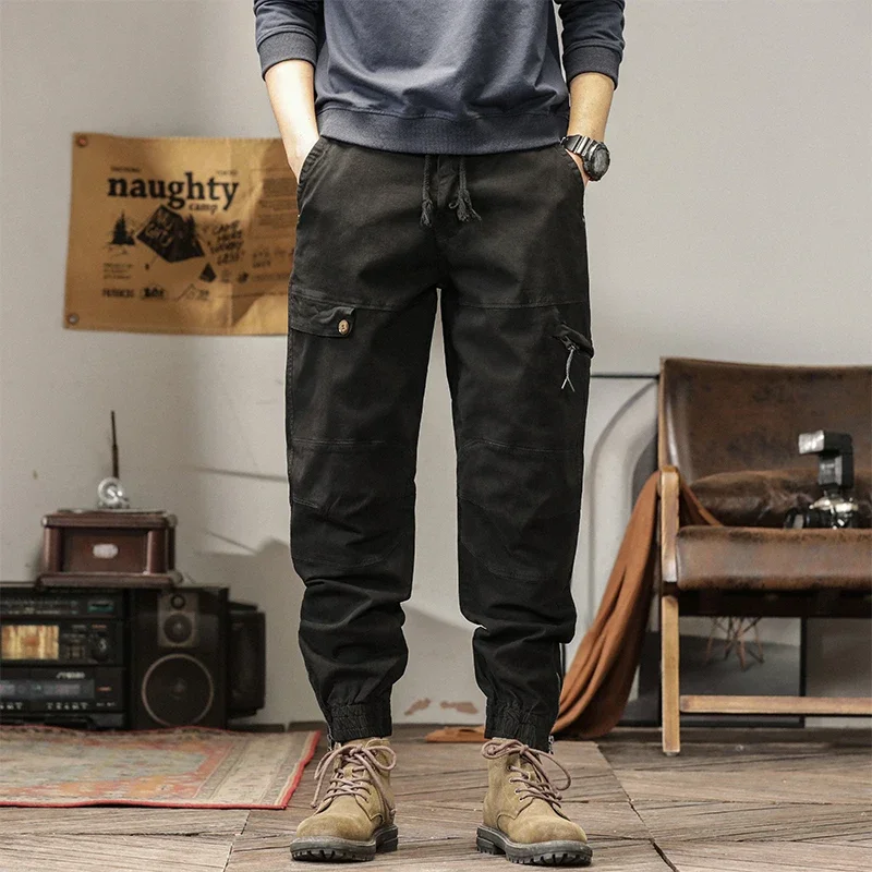 

Men's Cotton Loose Sports Casual Pants Fashion Multi-Pocket Simple Binding Feet zipper Hip Pop Streetwear Cargo Pants Jogger Men