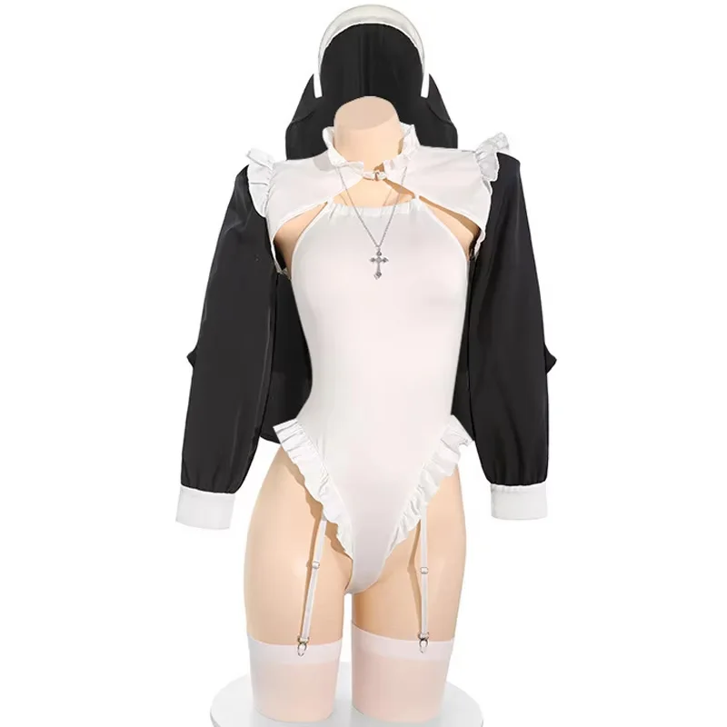 

Anime Convent Nun Cosplay Costume Sexy Maid Bodysuit Garter Stockings Outfit Role Play Lingerie Halloween Costumes