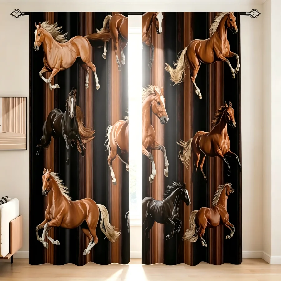 2PCS Digital Print  Curtain, Black Brown Horse, Bohemian Style  Curtain Panel for Home Living Room Bedroom Decor