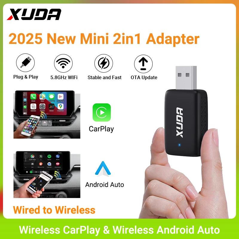 

XUDA Новый мини-адаптер проводного к беспроводному CarPlay и Android Auto 2в1 подходит для 99% оригинальных автомобилей с проводным carplay/авто
