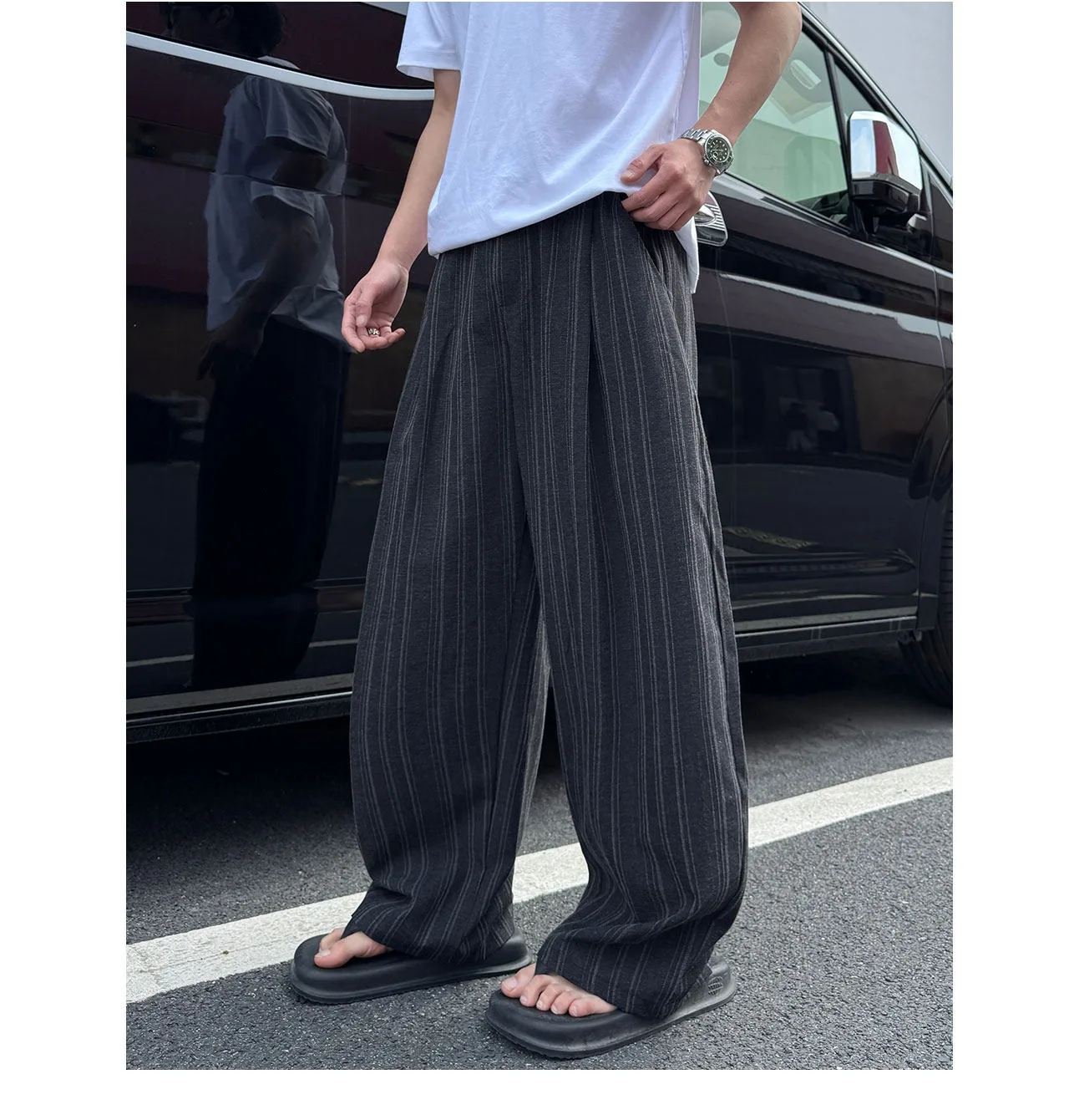 

High street vertical striped casual trousers men's summer loose floor pants