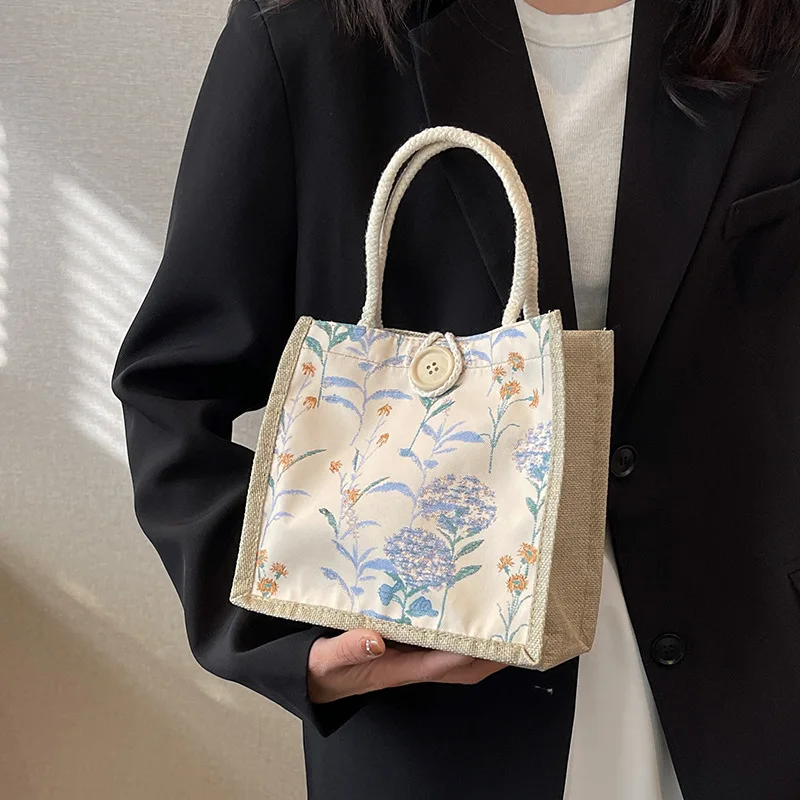 Borsa con cerniera con bottone in lino borsa da donna con stampa carina di grande capacità borsa per la spesa borsa per la spesa portatile di moda borsa per il pranzo