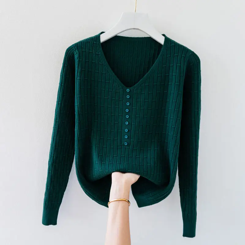 Women V-Neck Knitted Sweater Korean Fashion Autumn Winter Bottoming Pullover All-Match Vintage Long Sleeve Knitwear Pullover