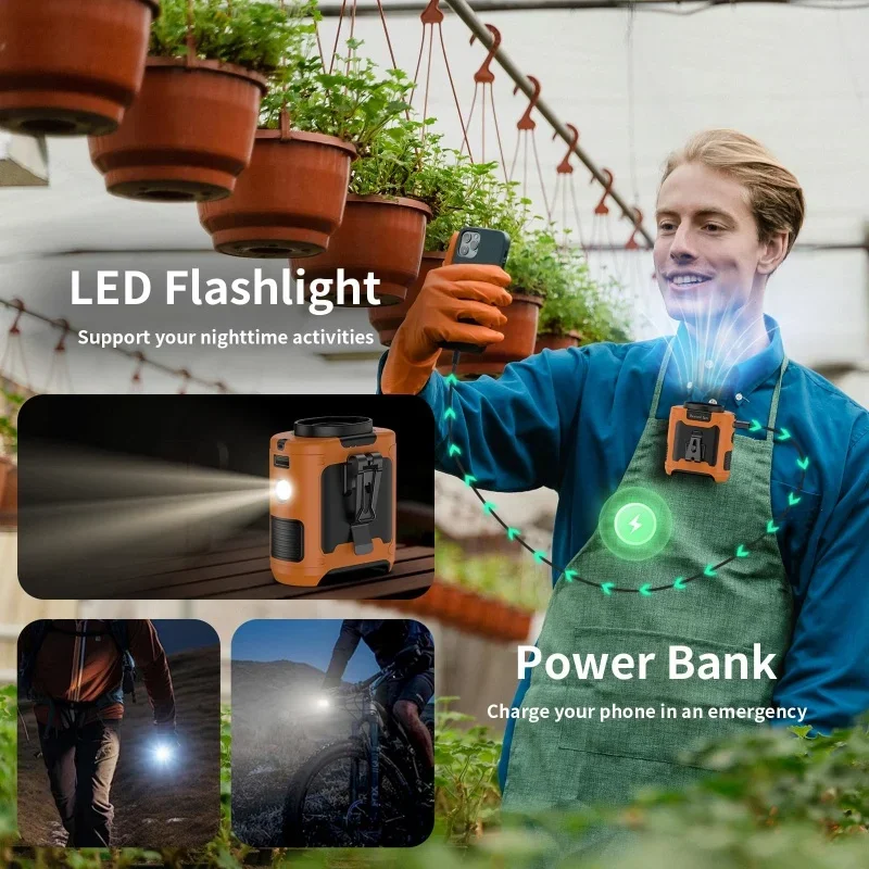 USB Rechargeable Fan Portable Hanging Neck Fan Strong Wind with Phone Charging LED Light for Emergency Sports Outdoor Working