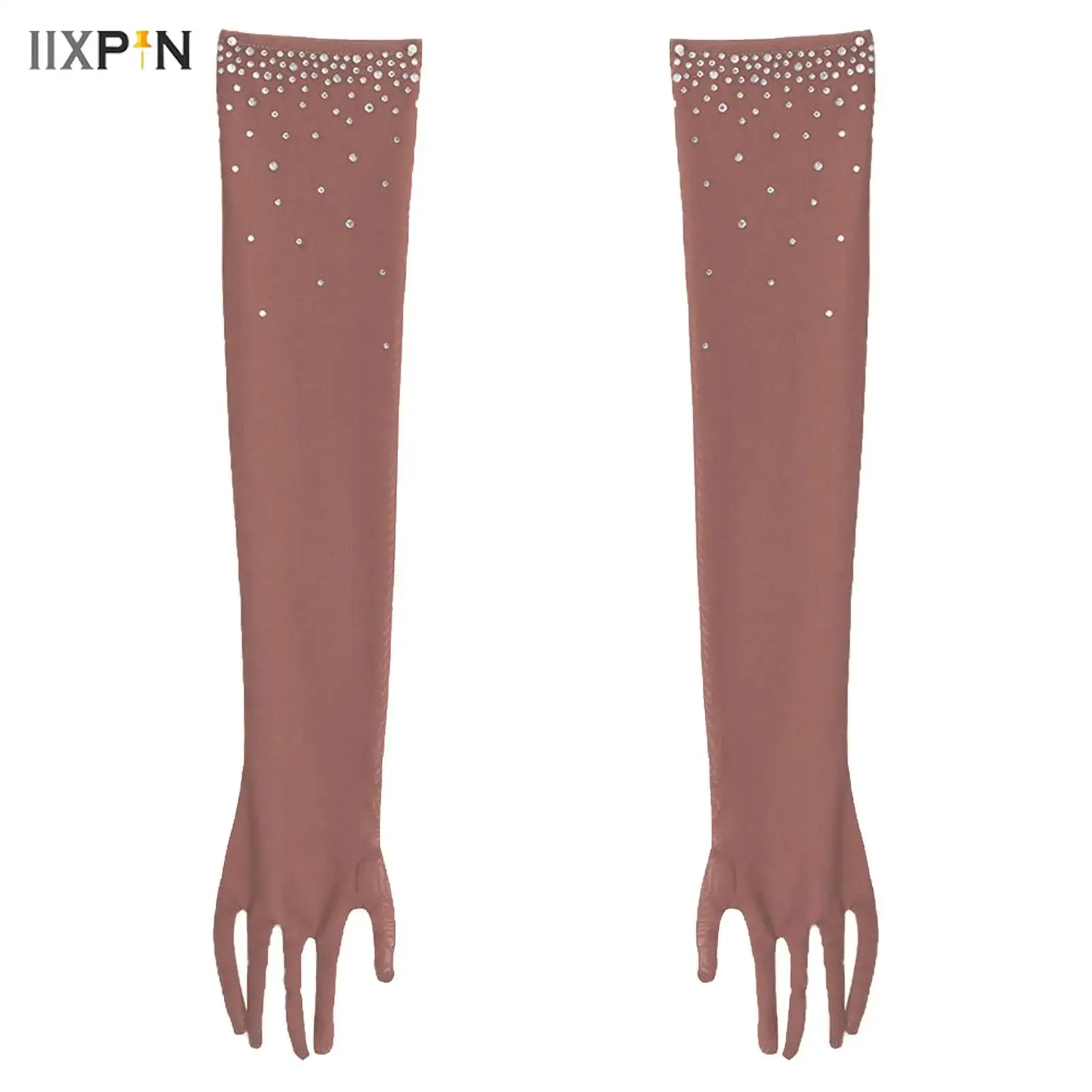 

1 Pair Kids Girls Latin Jazz Dance Gloves Glittery Rhinestones Five-Finger Full-Length Mesh Gloves for Tango Samba Accessories