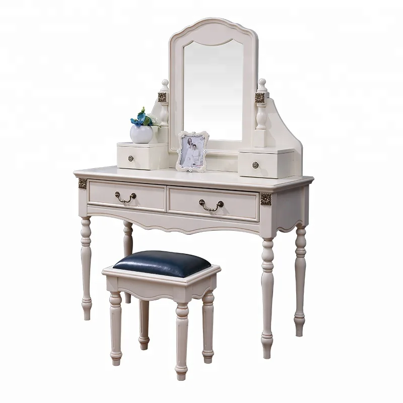 Elegant White Makeup Designs Bedroom Furniture Wooden Mirror Dressing Table Set