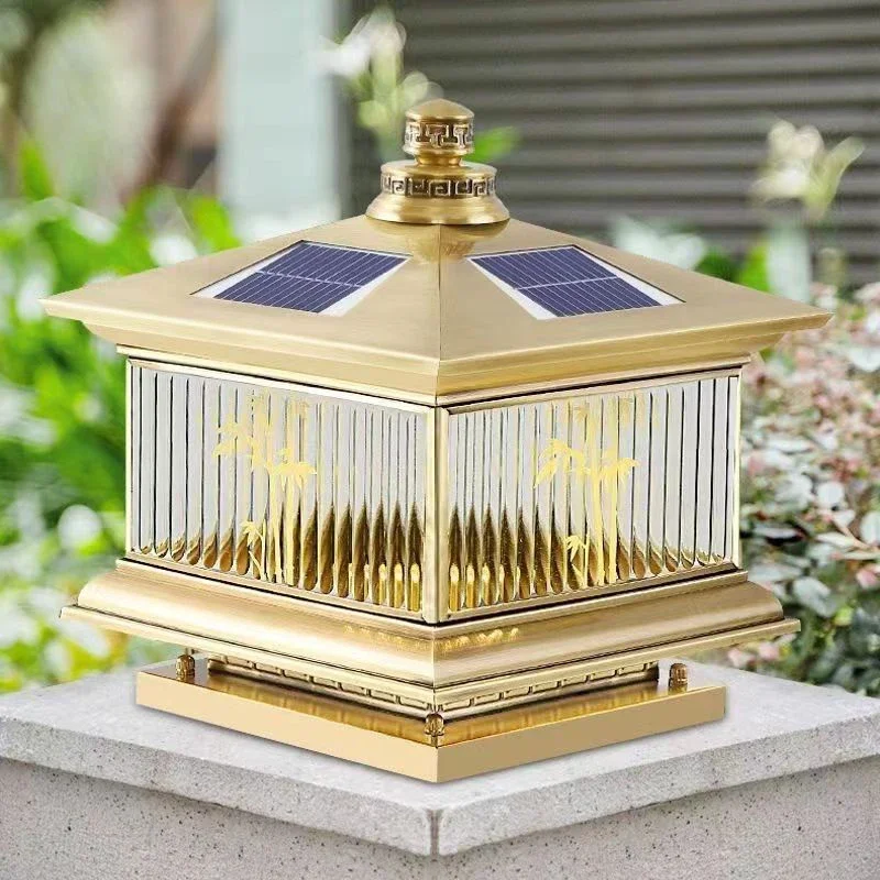 TEMOU Outdoor Solar Post Lamp Vintage Creative Chinese Brass  Pillar Light LED Waterproof IP65 for Home Villa Courtyard