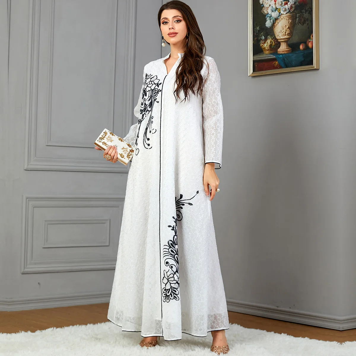 Dubai Muslim Autumn Winter Women White Floral Sequins Long Sleeve Notched V-Neck Abaya Moroccan Djellaba Arab Kaftan