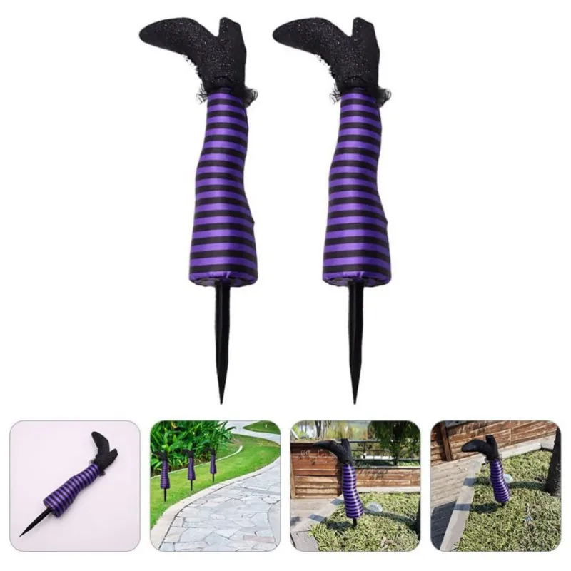 2PCS Halloween Evil Witch Legs Decorations Upside Down Wicked Wizard Feet With Boot Stake Yard Lawn Garden Halloween Decor Props