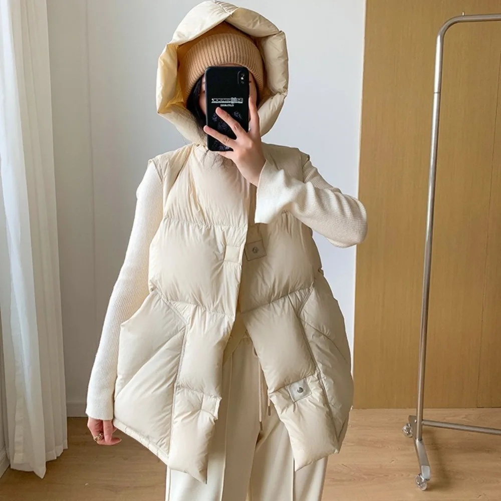 2024 Autumn Winter Down Hooded Waistcoat Woman Down Sleeveless Jacket Warm Streetwear Pockets Oversize Puffer Coat Outerwear