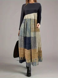 Women's Long Sleeve Maxi Dress Crew Neck Geometry Printed Casual Long Dresses Lady Solid Color Black Dress Robe