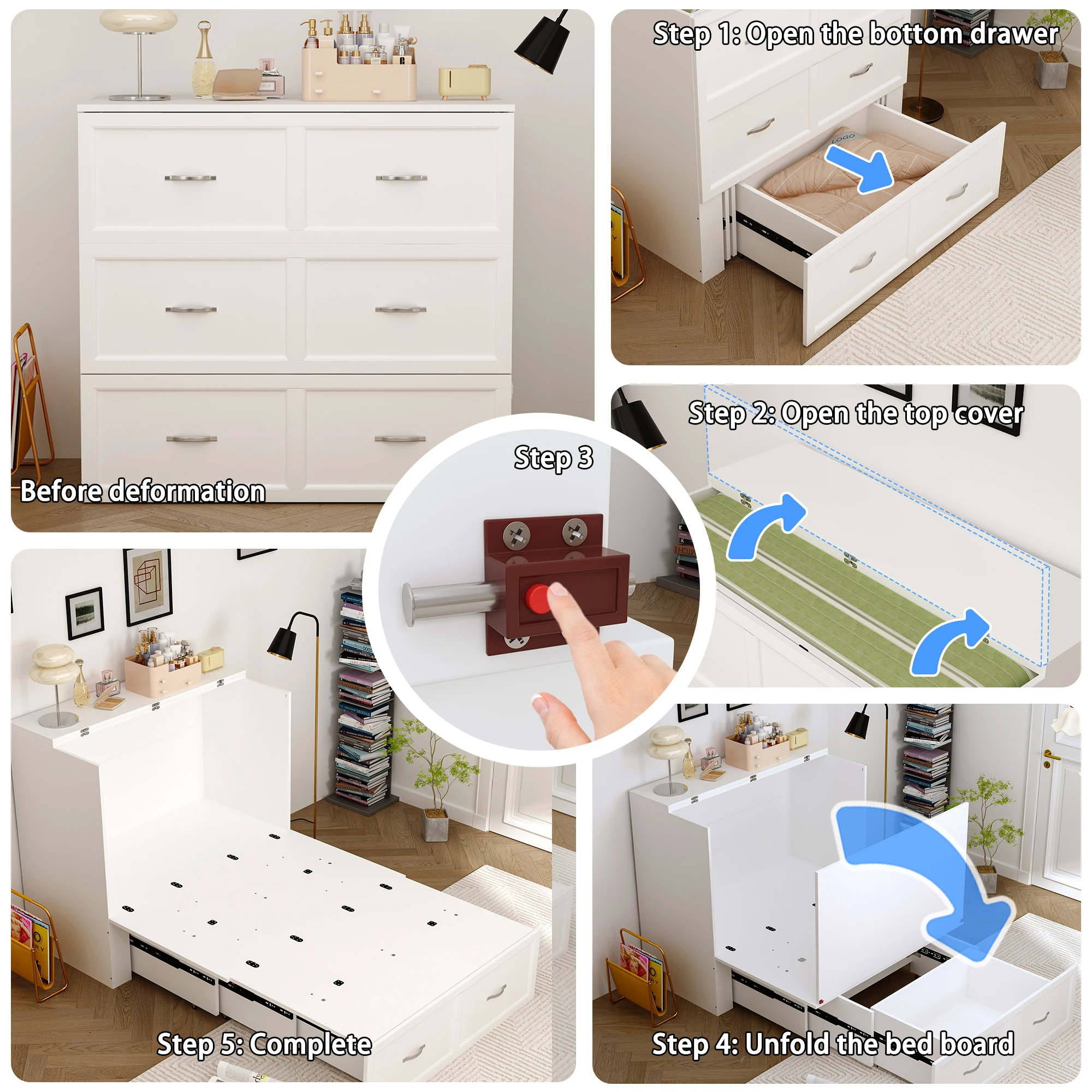 سرير FUFU&GAGA Murphy مع أدراج تخزين، خزانة سرير قابلة للطي 2 في 1 مع شريط طاقة مدمج لغرفة النوم وغرفة الضيوف، أبيض