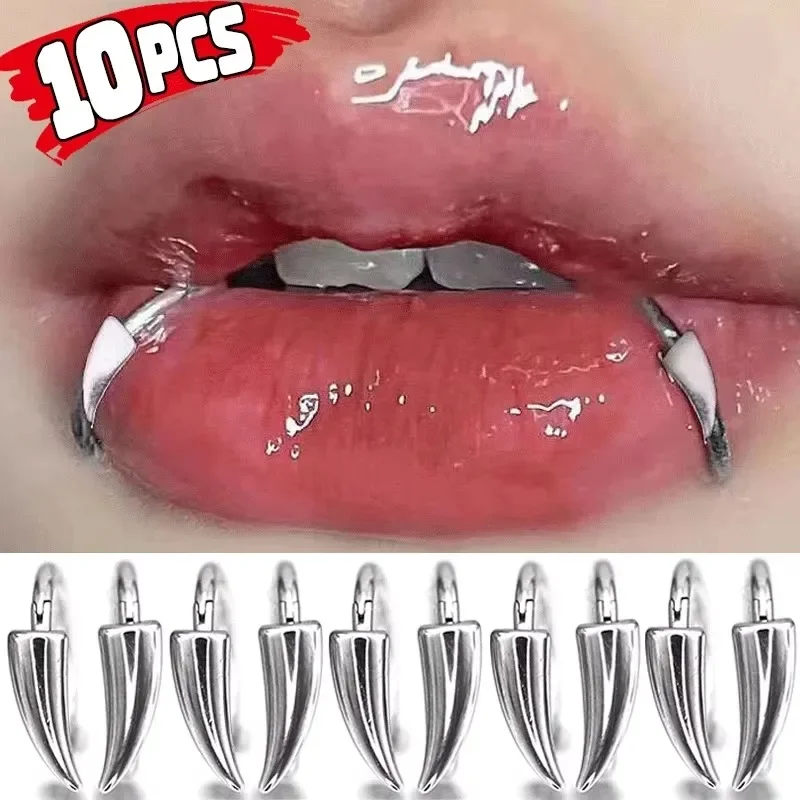 2-10pcs Stainless Steel Personalised Sharp Teeth Fake Piercing Lip Ring Punk Exaggerated Jewelry Women Men Gothic Body Jewelry