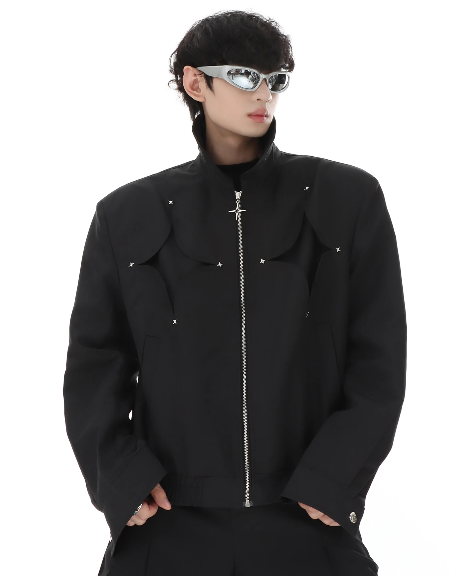 REDDACHIC Men Star Cut-out Bomber Jacket Retro Black Shoulder Pads Zip-up Long Sleeves Oversized Coat Moto Biker Hip Hop Clothes