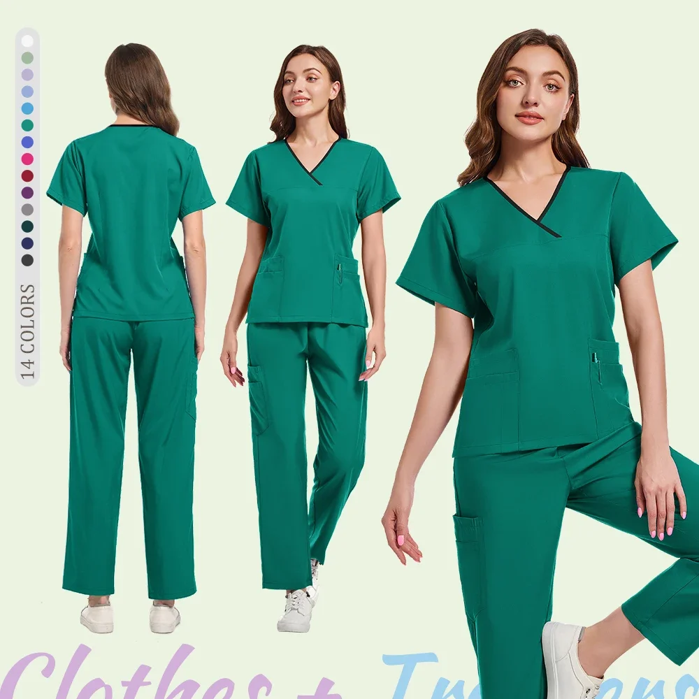 Nova camisa de manga curta com decote em v + calças esportivas para homens e mulheres, pessoal médico hospitalar médicos dentários salão de beleza uniforme de trabalho