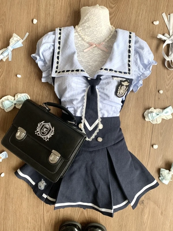 

Sweet Rabbit Police Officer Blue Slim Fit irt And Belted Skirt Two Piece Set for Young Women Faionable And Slimming