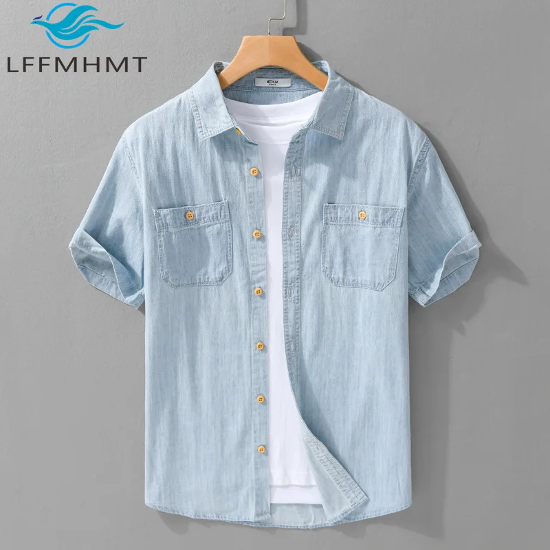 

Summer Fashion Men's Casual Denim Short Sleeve Shirt Vintage Solid Color Simple Basic Youth Slim Fit Daily Tops 100% Cotton