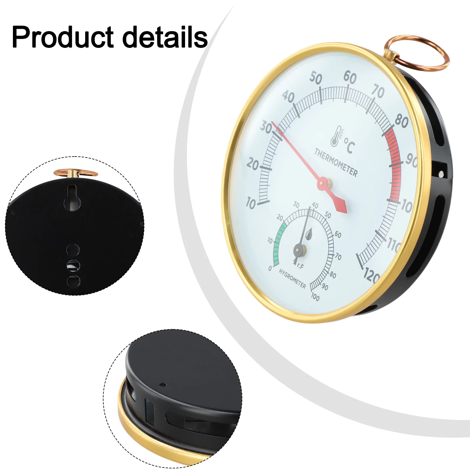 

Датчик температуры и влажности сауны с металлическим каркасом и легко читаемым циферблатом для использования в сауне от 10 до 120 градусов Цельсия.