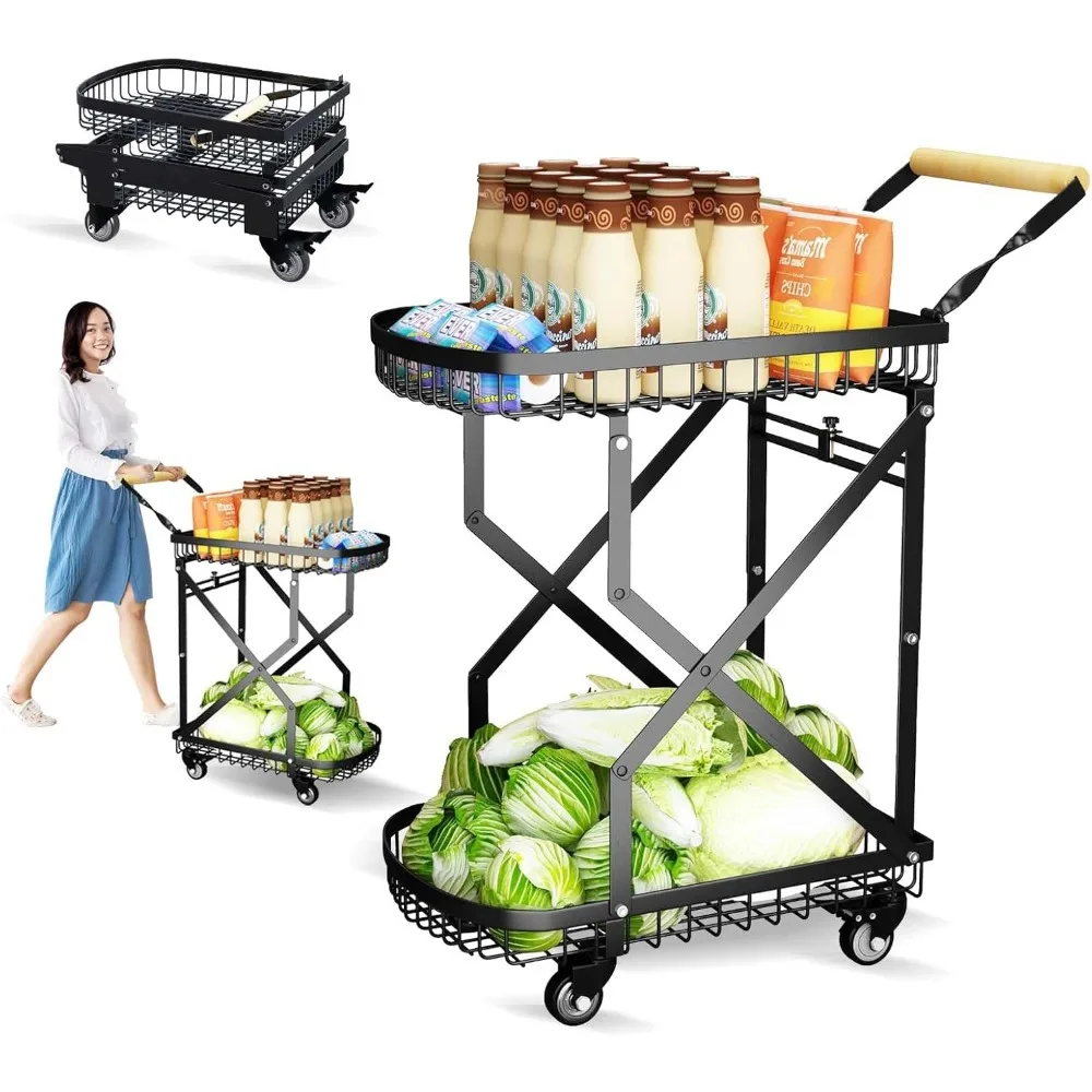 Multi Functional Two Layers Foldable Shopping Cart, Collapsible carts with 360° Swivel Wheels, Large Capacity