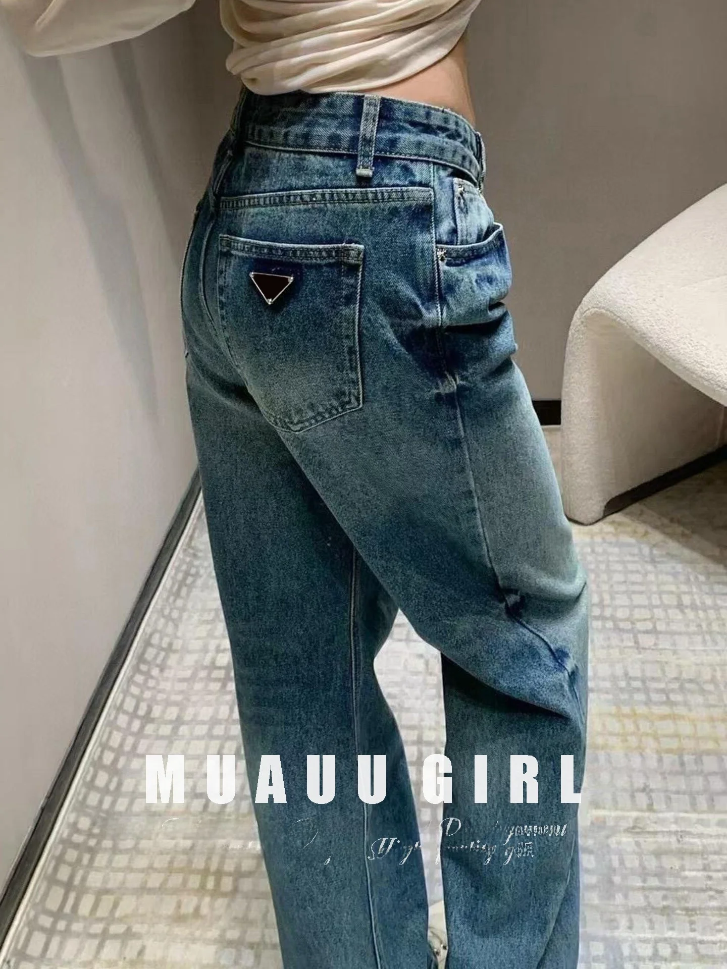 

Джинсы MUAUU GIRL с модным буквенным принтом, прямые, с высокой талией, женские, модные, из хлопкового стрейч-денима, повседневные, весенний сезон
