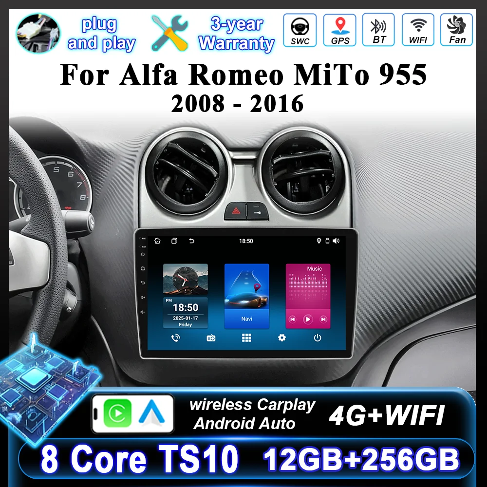 Android 16 Car Radio Stereo For Alfa Romeo MiTo 955 2008-2016 Auto Cireless Carplay GPS Navigation Multimedia Video Player 2Din