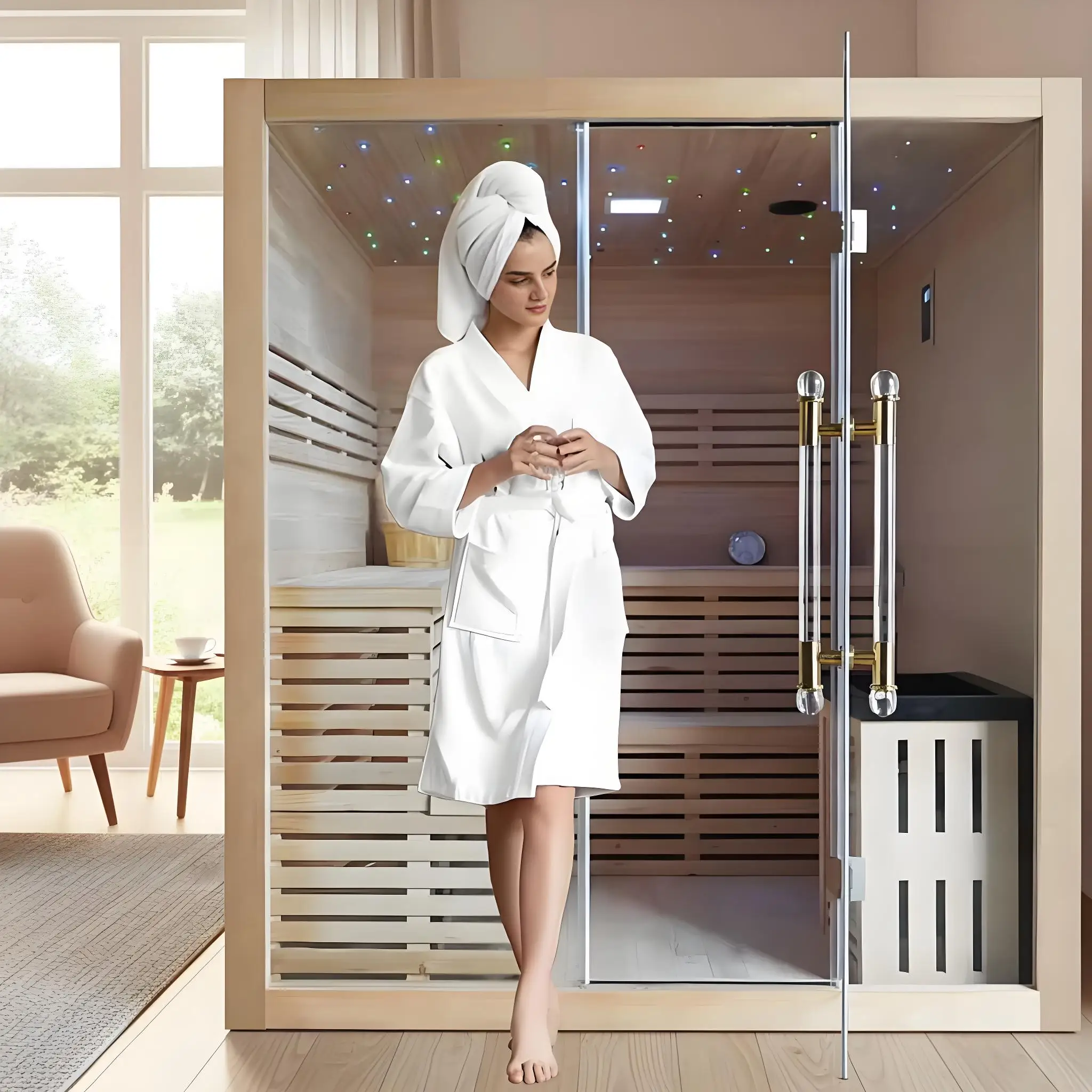 Outdoor Cedar Spa Sauna Cabin Heat Therapy Room with Ergonomic Seating and Weather Resistant Construction