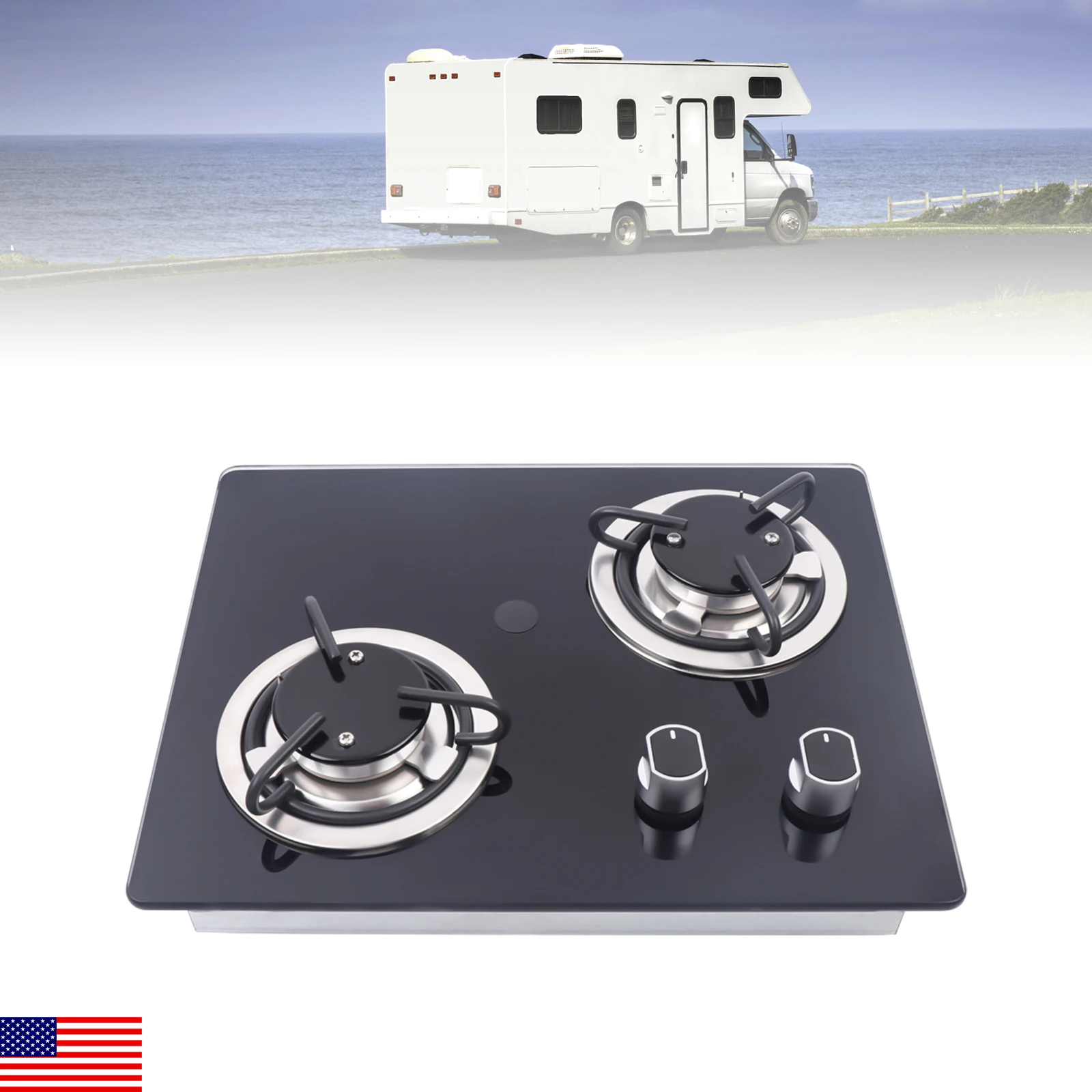 موقد غاز RV موقد غاز 2 شعلات 2*1.8KW قوة الزجاج المقسى لوحة غاز كوك العلوي لتخييم القافلة