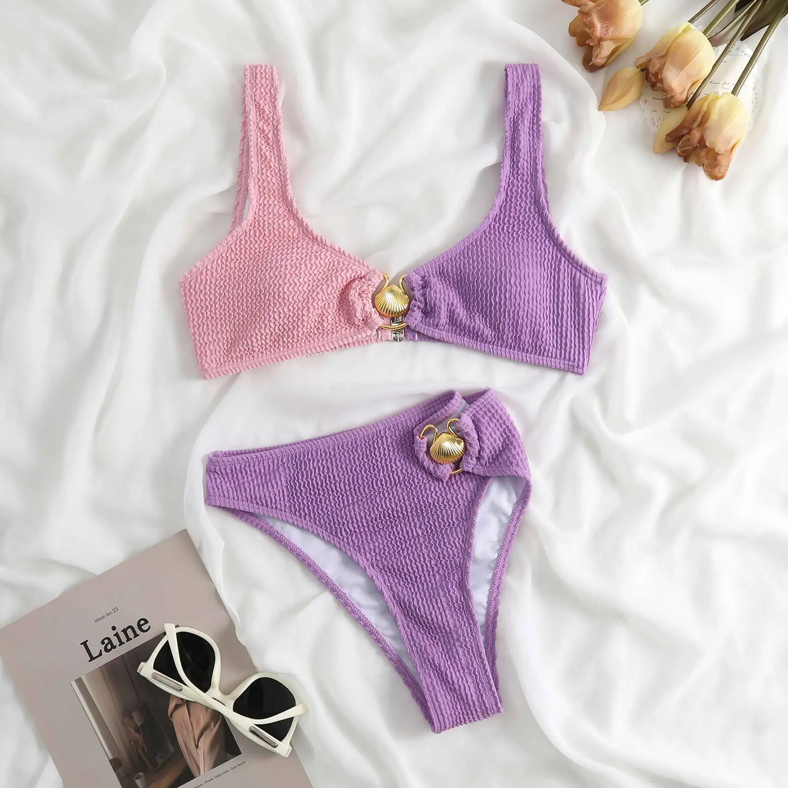 Strapless Bandeau Bikini Set Women Swimwear 2023 New Beach Bathing Suit Ribbed Push Up Bikinis Swimsuit Two Piece