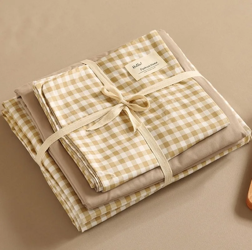 Plaid Washed‑Cotton Bedding Set, Single Fitted Sheet Duvet Cover, Student Dorm 3‑Piece Bedding Set