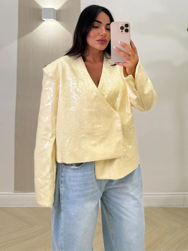 

Chic Women's Sequin Wrap Blazer Oversized V-Neck Long Sleeve Shiny Glitter Party Casual Jacket Streetwear Trendy Female Outfit