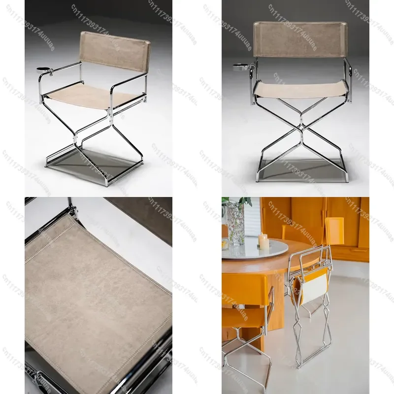 Foldable Dining Chair with Wax Fabric Seat Minimalist Metal Frame Reclining Design Multifunctional Household Furniture for